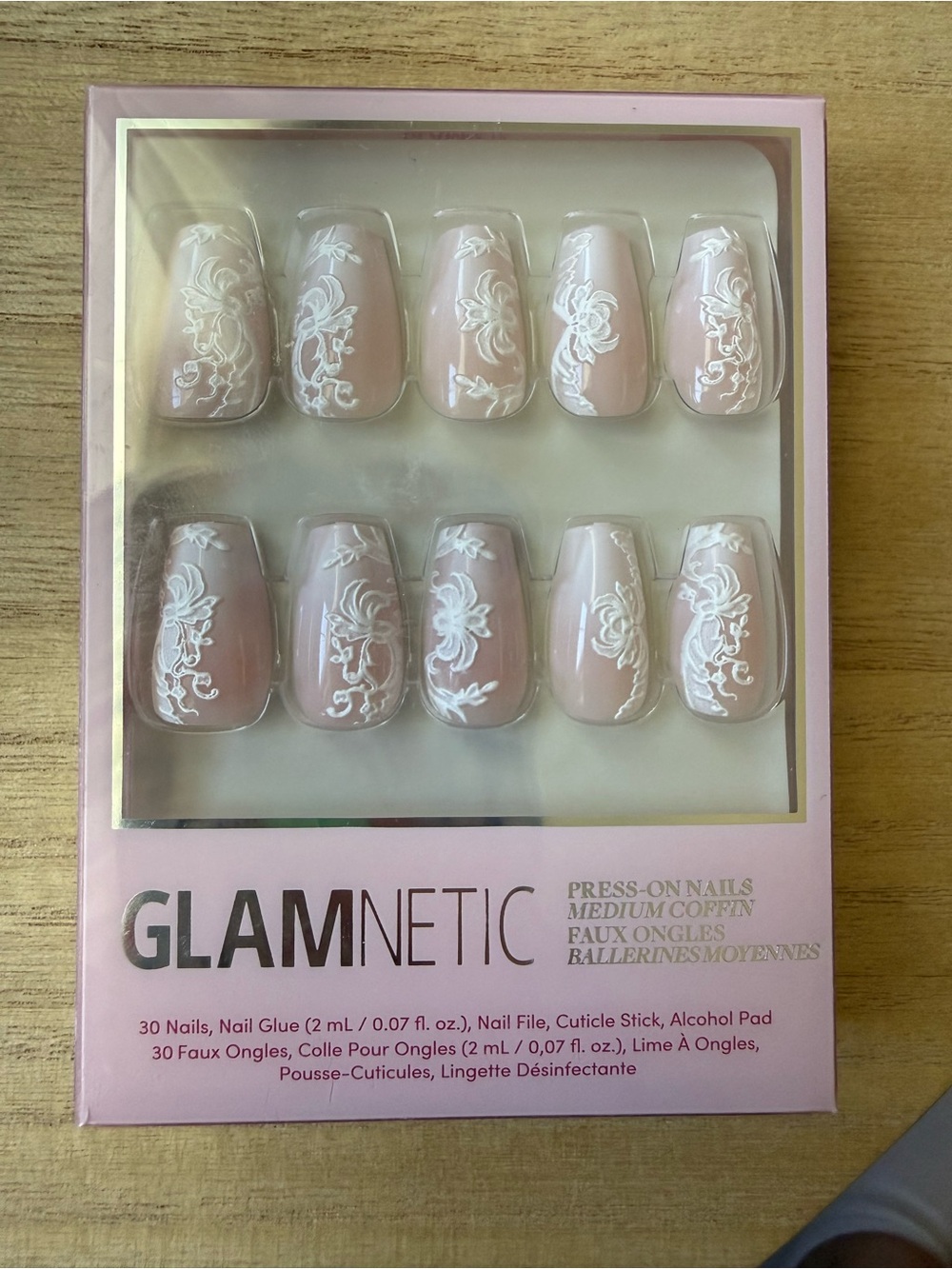 Glamnetic Blush Pink Press-On Nails with White Floral Lace Design